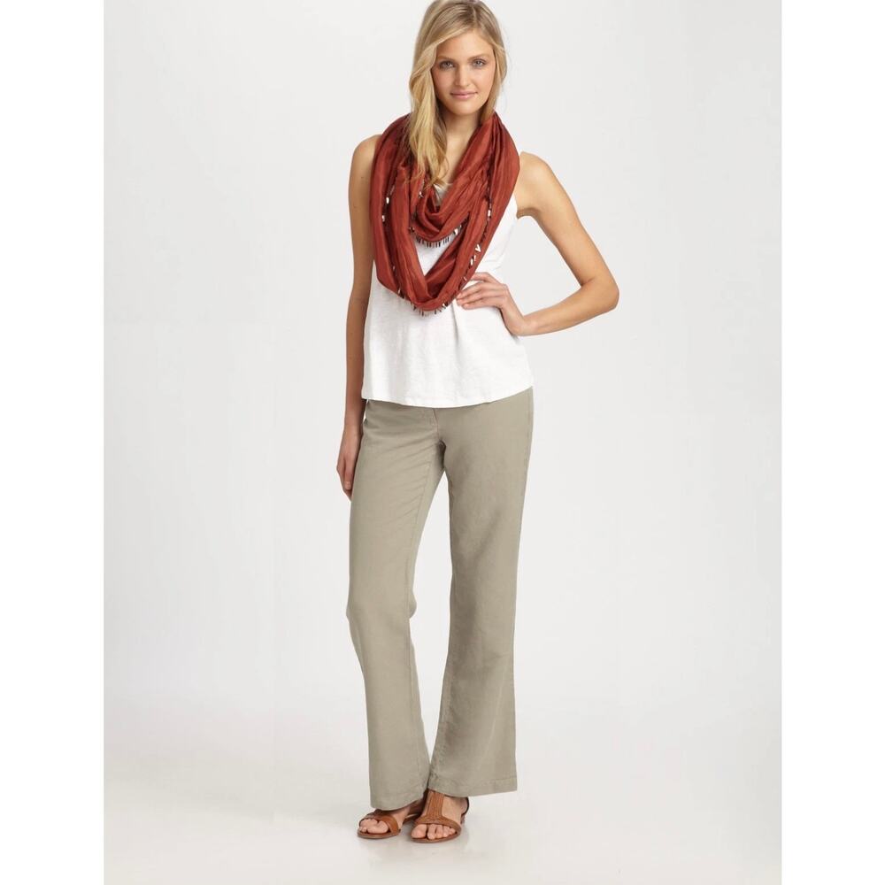 Eileen Fisher Lyocell Linen Khaki Trousers Yoke 14 Straight Leg Slacks Pants Tan